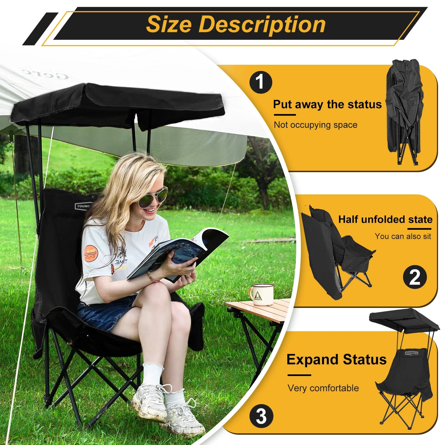 Camping Chair Beach Chair With Shade Canopy YOUNG WOOD Portable , Fold Lightweight Oversized For All, Easy To Open And Close