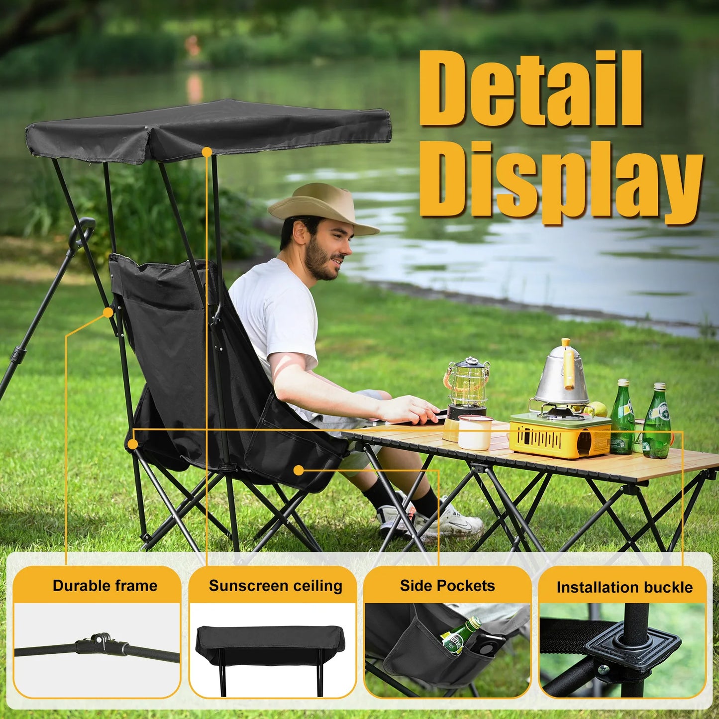 Camping Chair Beach Chair With Shade Canopy YOUNG WOOD Portable , Fold Lightweight Oversized For All, Easy To Open And Close