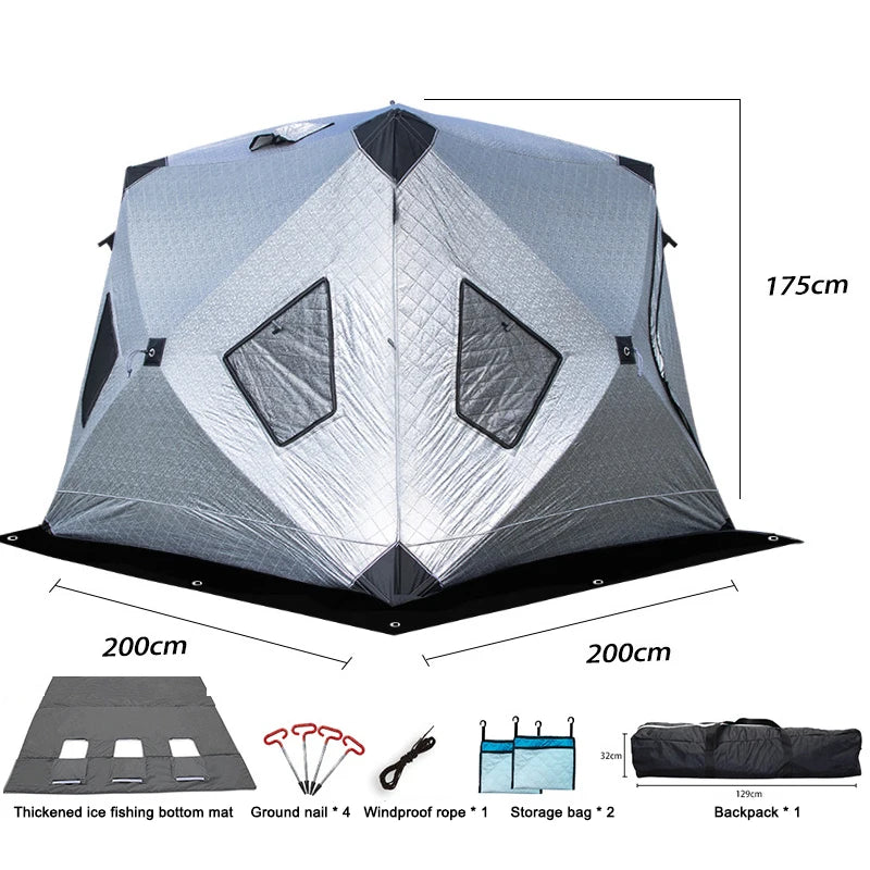 Winter Fishing & Camping Thickened Triangle Cotton Tent Double Door 4 Window Wind/Snowproof Ice Shelter for Outdoor Activities
