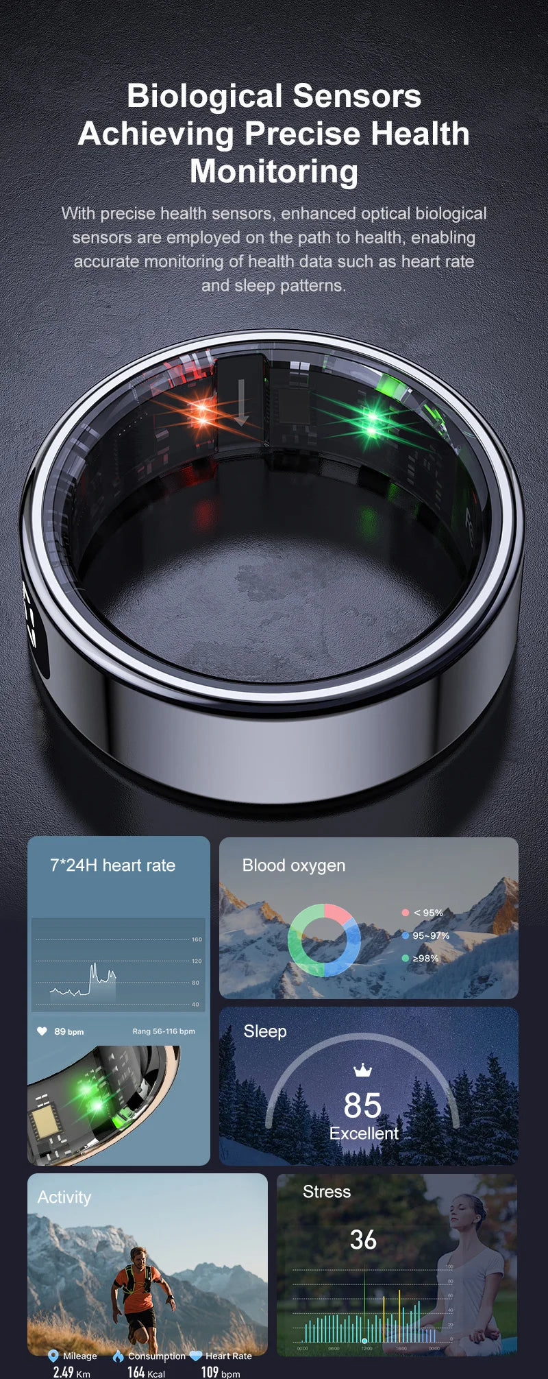 AMZMAX R11 Smart display Ring Men Women with Wireless Charging stand,Health and Sleep Monitor,5ATM Waterproof,Multi-sport Modes