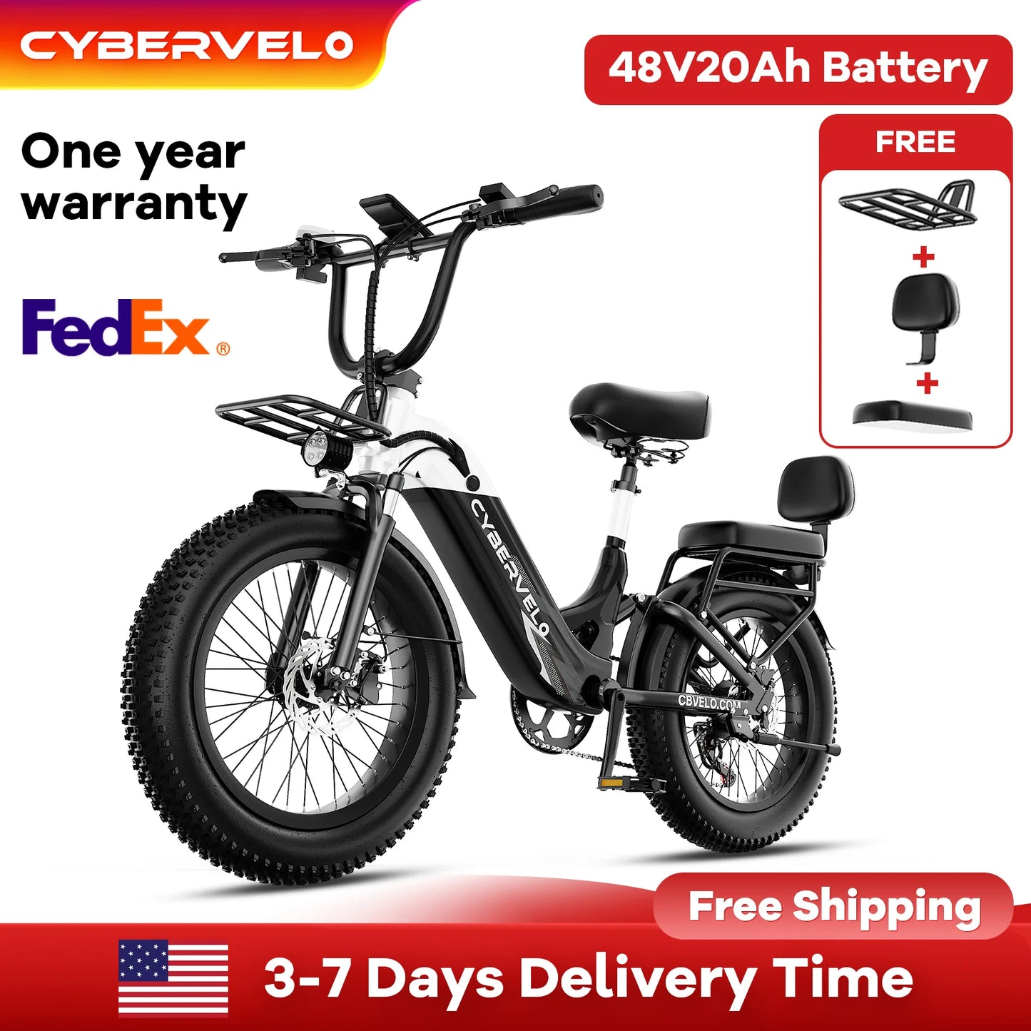 Cybervelo Step-Thru Electric Bike for Adults, 48V 20AH Removable Battery, 20" Fat Tire Shimano 7-Speed Commuter ebike EK12