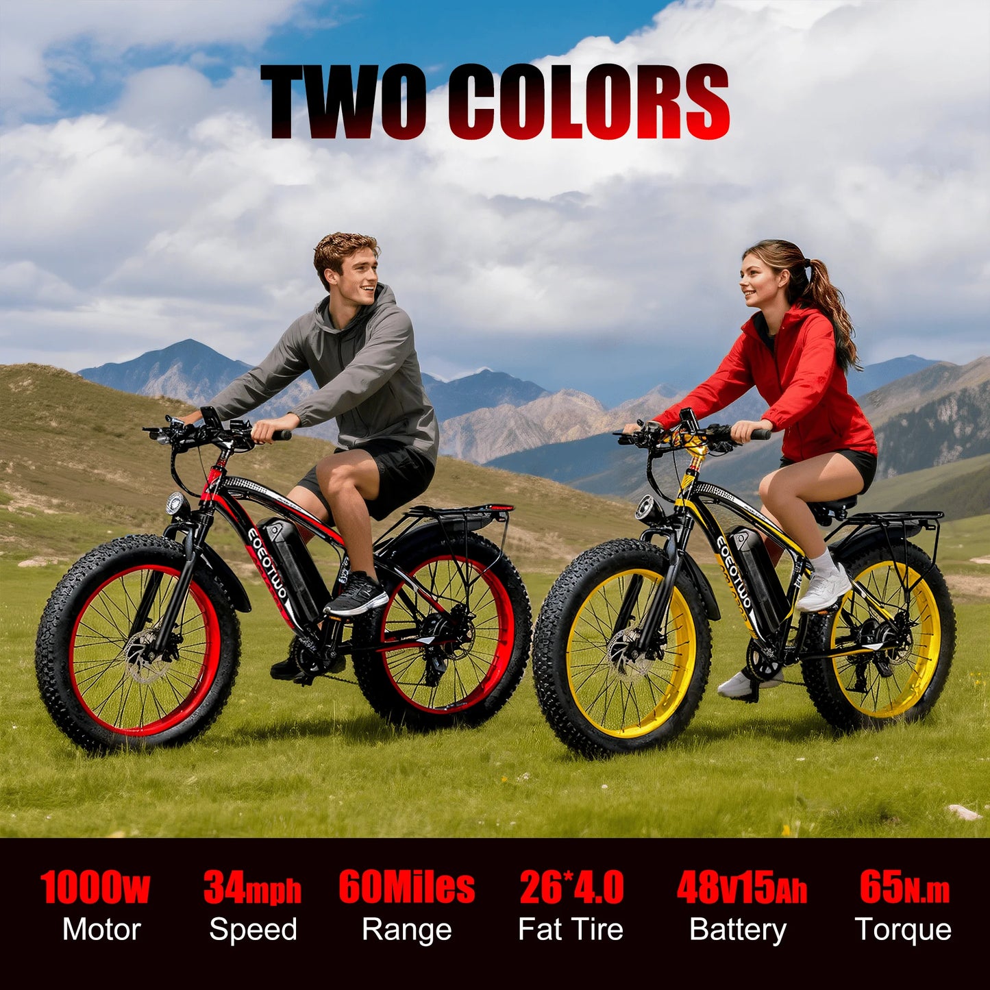EOEOTWO E01 Electric Bike for Adults 1500W Peak Motor 26" Fat Tire Ebike 34MPH 60Miles Range UL2849 Certified Mountain Bicycle