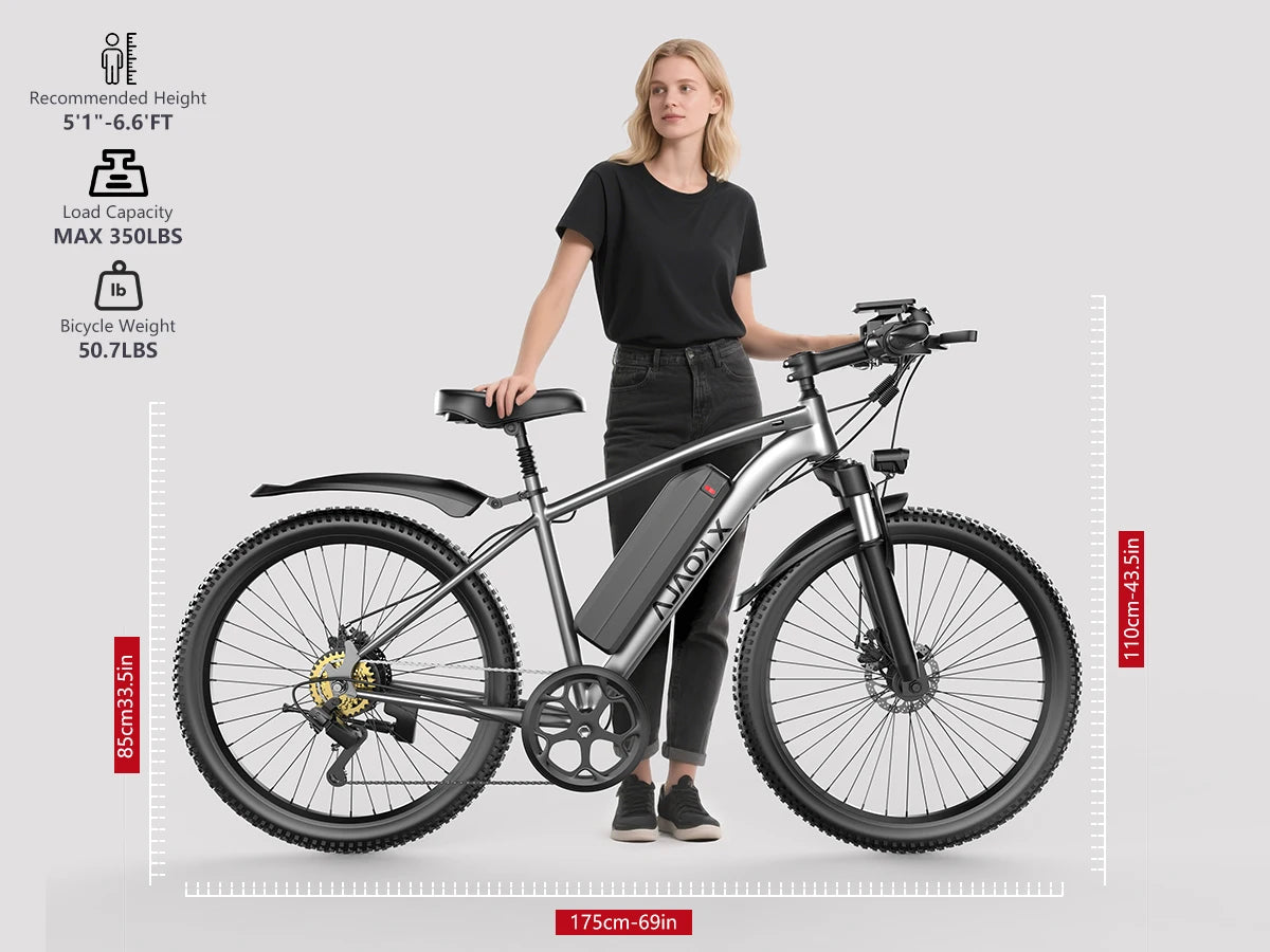 26'' Electric Bike for Adults 1000W Peak Motor 40 Miles 25MPH Commuter EBike 7 Speed Waterproof Pedal Assit Electric Mountain