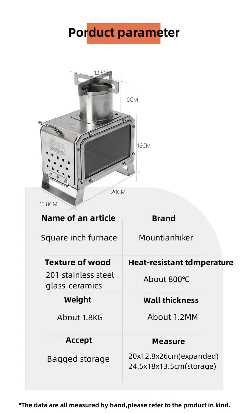 MOUNTAINHIKER Wood Burner Stove Portable Firewood Square Stove Stainless Steel Outdoor Fire Heater Stove Picnic Hiking Camping