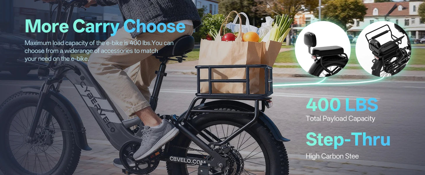 Cybervelo Step-Thru Electric Bike for Adults, 48V 20AH Removable Battery, 20" Fat Tire Shimano 7-Speed Commuter ebike EK12