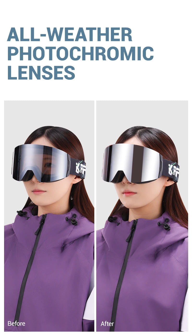 KAPVOE New Photochromic Ski Goggles Snowboard OTG Snow Glasses Magnetic Lens Men Women UV400 Double Layers Lens Anti Fog Skating