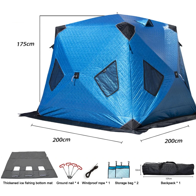 Winter Fishing & Camping Thickened Triangle Cotton Tent Double Door 4 Window Wind/Snowproof Ice Shelter for Outdoor Activities