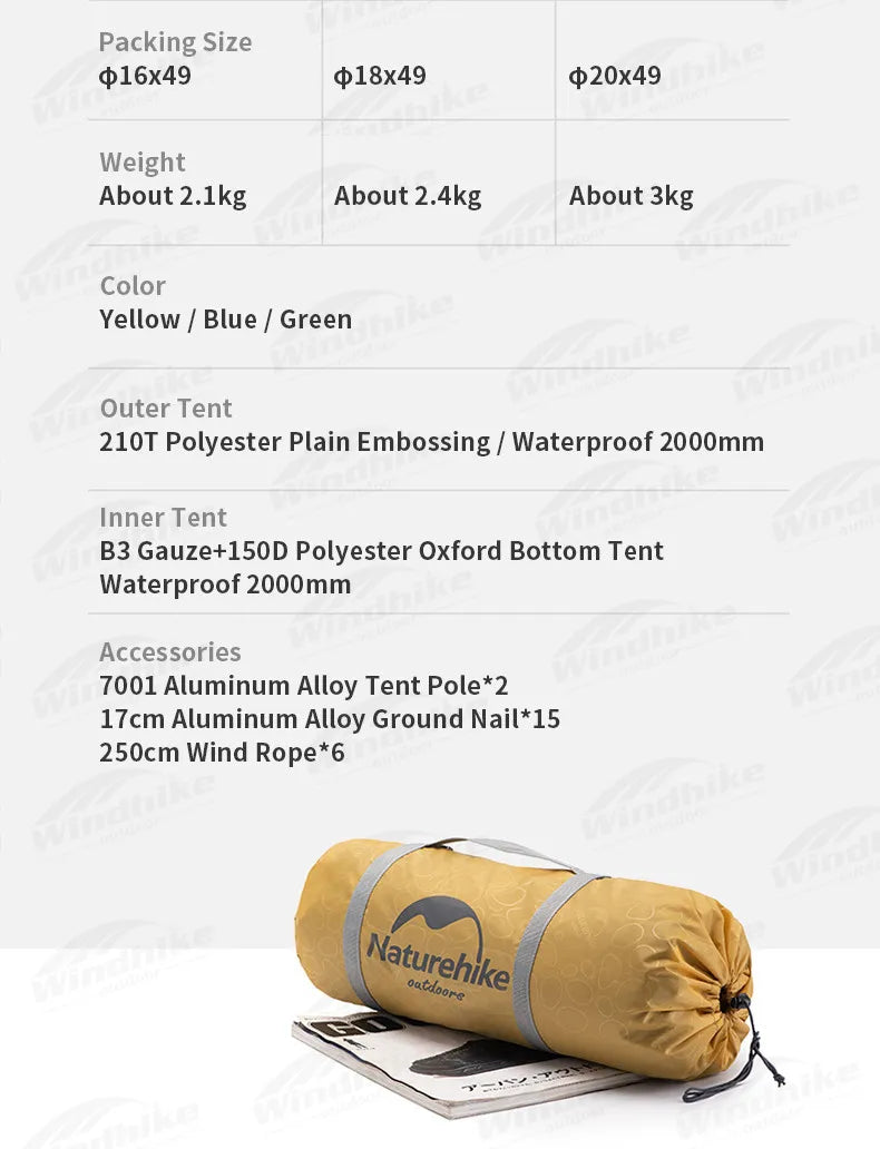 Naturehike Camping Tent 2 3 Persons Portable Waterproof Backpacking Tent Double-layer Outdoor Hiking Travel Camping Equipment
