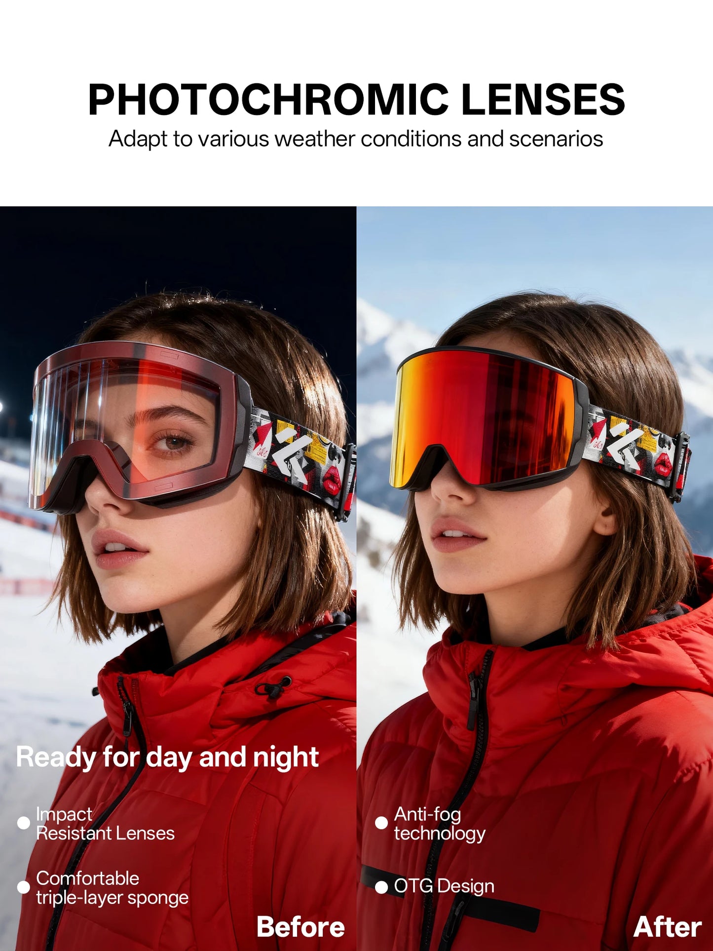 KAPVOE New Photochromic Ski Goggles Snowboard OTG Snow Glasses Magnetic Lens Men Women UV400 Double Layers Lens Anti Fog Skating