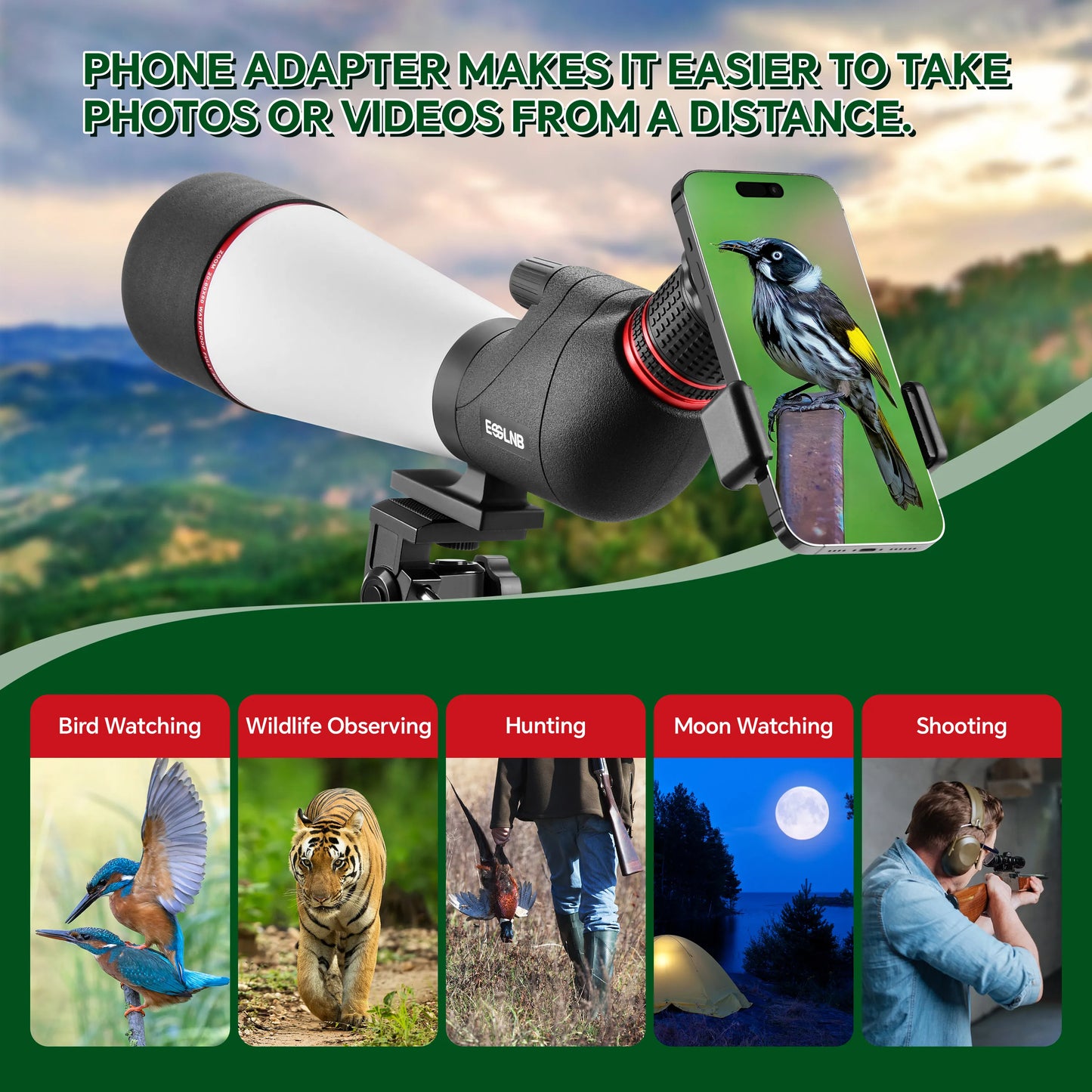 20-60X Zoom Spotting Scope 80mm FMC Lens HD Vision with Adjustable Tripod Mobile Holder Carry Bag for Hunting Bird Watching
