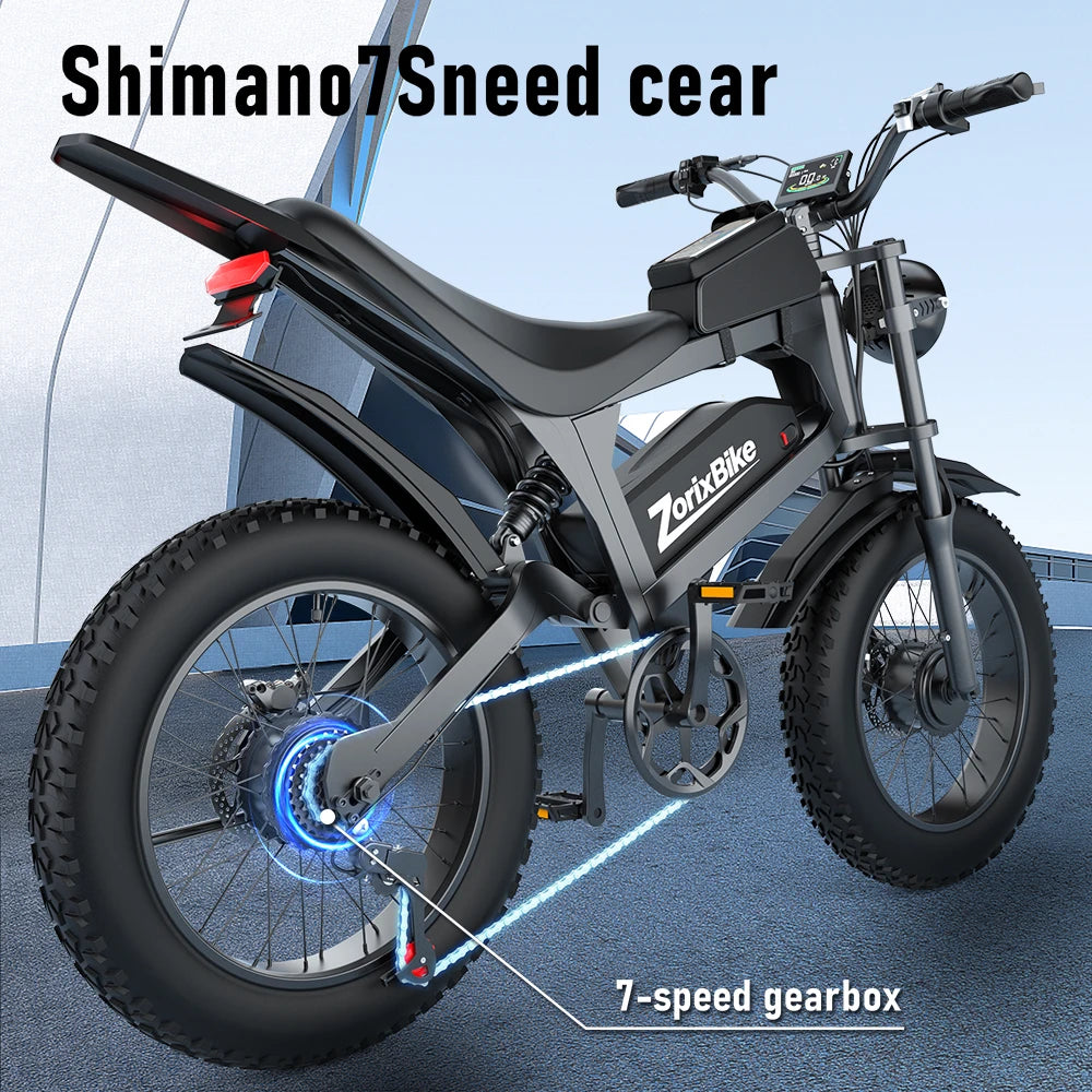 ZorixBike R8 Pro Electric Off-Road Bike 20x4.0 3000W 35Mph 80Mile 48V 20Ah,7 Speed Wide Tire All Terrain E-Bike For Adult