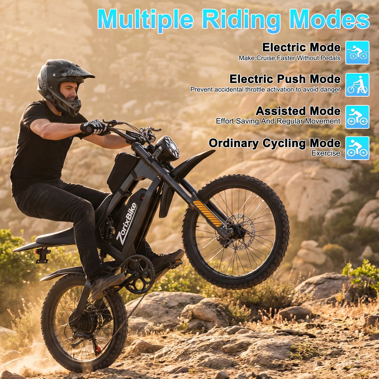 ZorixBike R8 Pro Electric Off-Road Bike 20x4.0 3000W 35Mph 80Mile 48V 20Ah,7 Speed Wide Tire All Terrain E-Bike For Adult