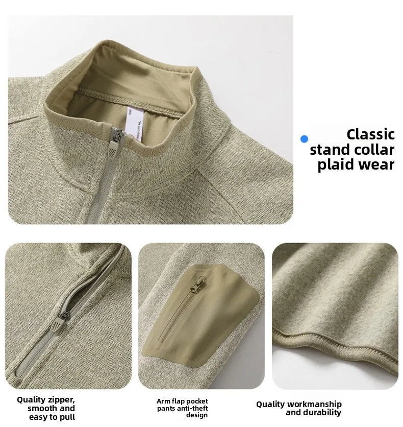 Autumn Winter Sweatshirts Men's Casual High Elastic Stand Up Collar Fleece Hoodies Outdoor Jogging Camping Windproof Warm Jacket