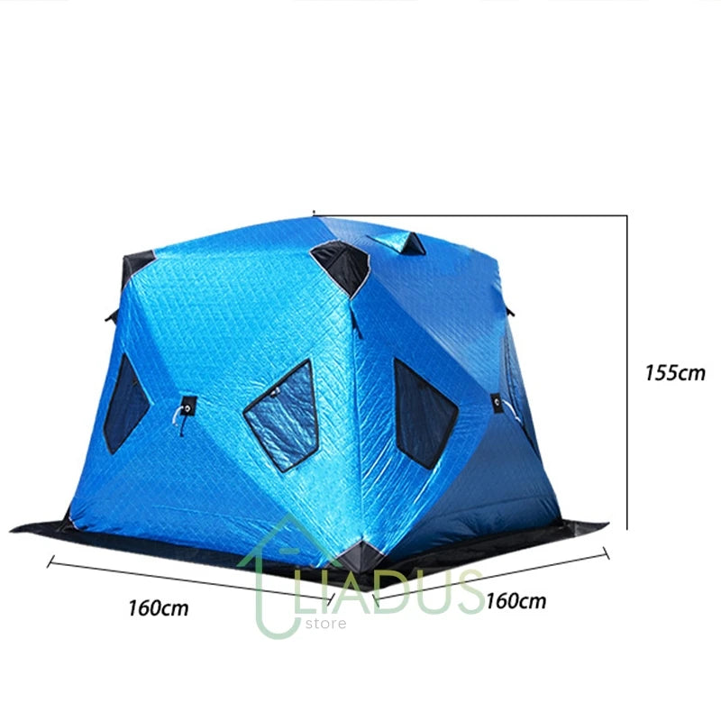 Winter Fishing & Camping Thickened Triangle Cotton Tent Double Door 4 Window Wind/Snowproof Ice Shelter for Outdoor Activities
