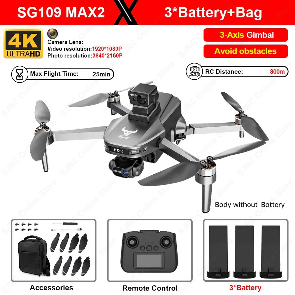 SG109 Max2 Drone With 4K Camera 3 Axis Stabilized Gimbal Mini Drone 360-degree Laser Obstacle Avoidance 4K HD Camera GPS Drones