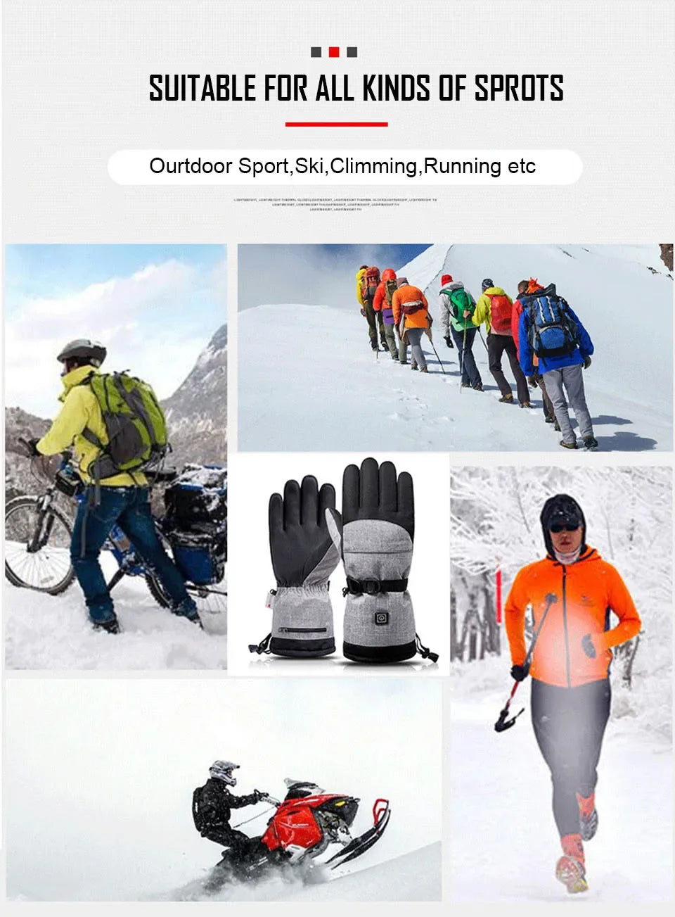 1Pair Heated Gloves Electric Thermal Warmer Gloves Cycling Motorcycle Bicycle Ski Outdoor Activities Equipment Cotton Waterproof
