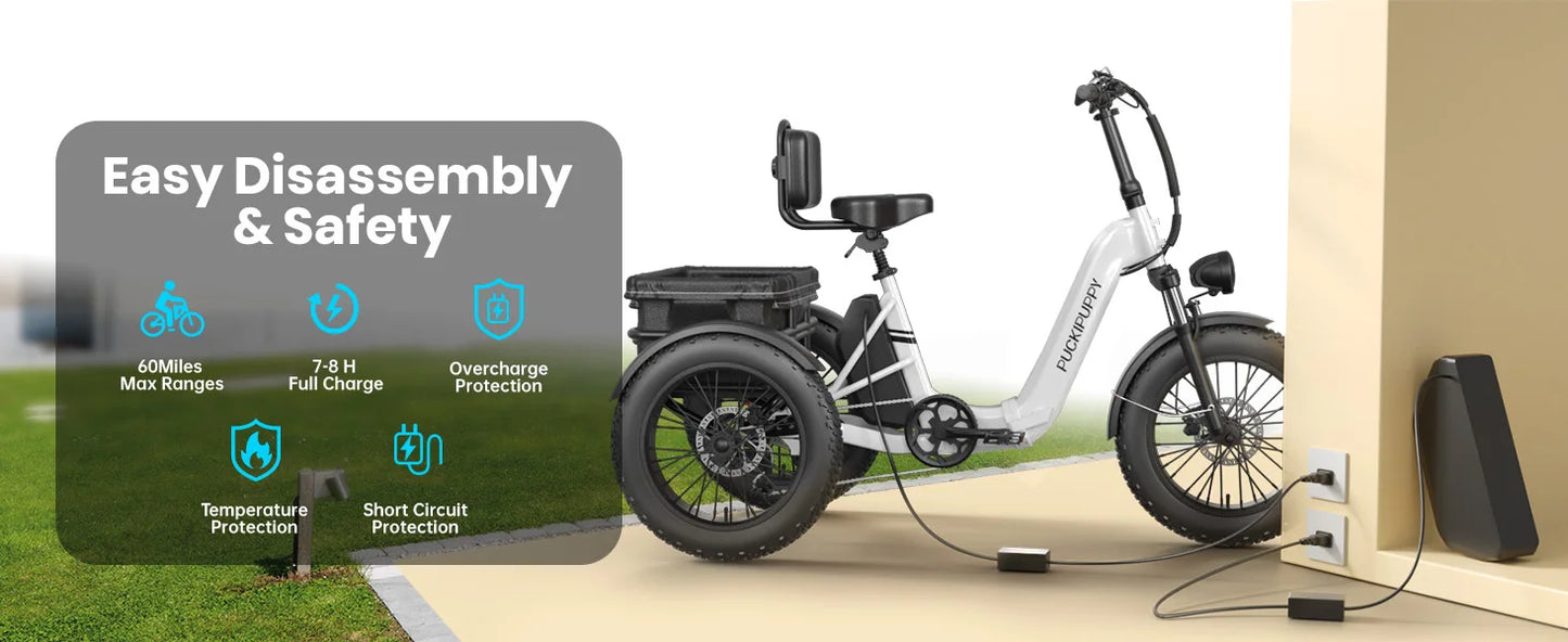 PUCKIPUPPY Husky Electric Trike for Adult 960W Peak Motor 60 Miles Range Tricycle 500 Lbs Load Electric Trike 2-Year Warranty