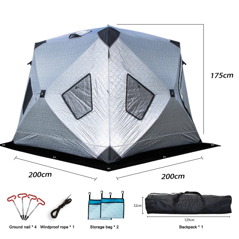 Winter Fishing & Camping Thickened Triangle Cotton Tent Double Door 4 Window Wind/Snowproof Ice Shelter for Outdoor Activities
