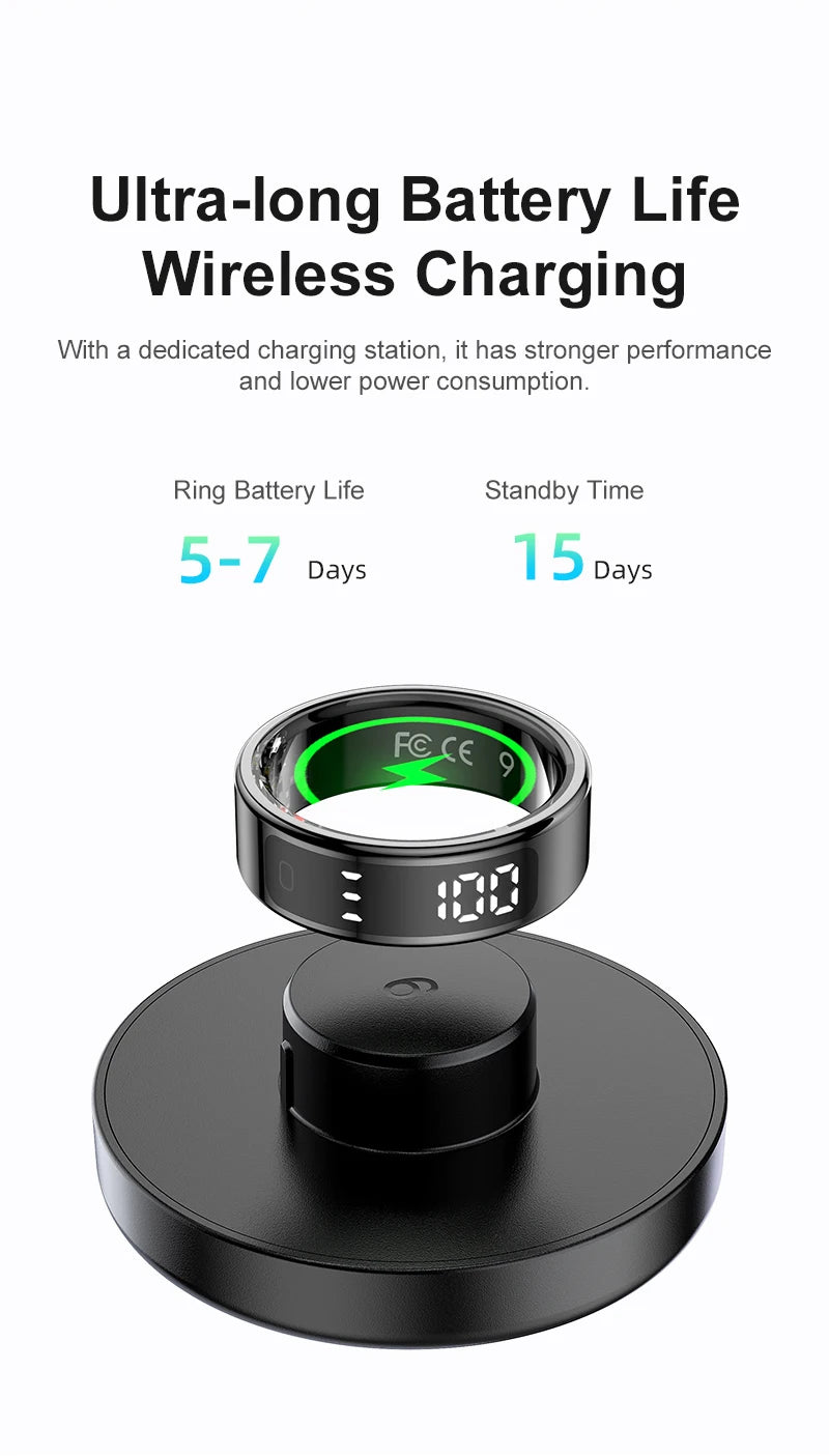 AMZMAX R11 Smart display Ring Men Women with Wireless Charging stand,Health and Sleep Monitor,5ATM Waterproof,Multi-sport Modes