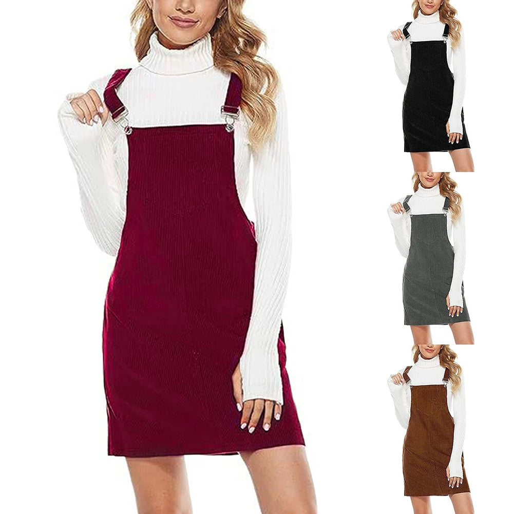 Women's Sleeveless Corduroy Pinafore Bib Overall Mini Dress A Line Cute Jumper Dress &Pockets For Teenager Adjustable Shoulder
