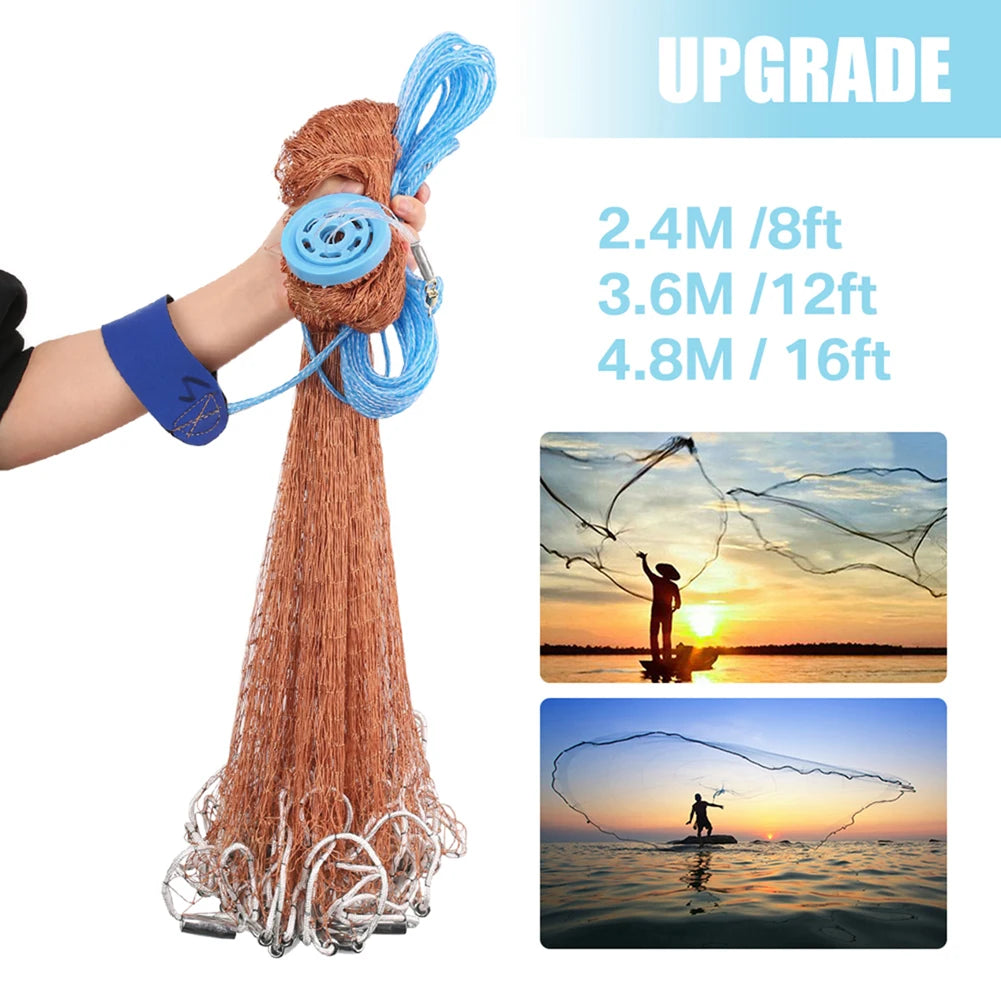 Upgraded American Hand Cast Net Easy Throw Fly Fishing Net 3.6/4.8M Fishing Network Tool Small Mesh Strong Nylon Line +Sinker