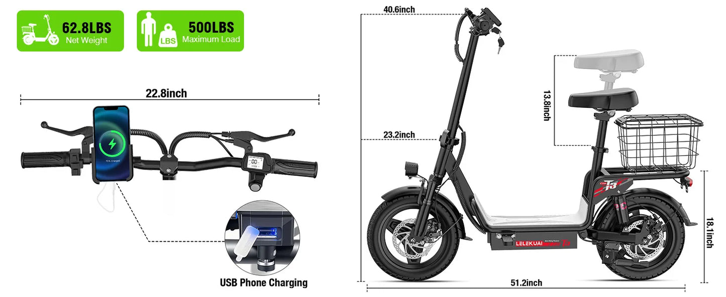 Adult Electric Bike, 500W48V15AH, 30MPH 14 inch Electric Bike, 500lbs Load-bearing with Multiple Shock Absorbers, with Basket