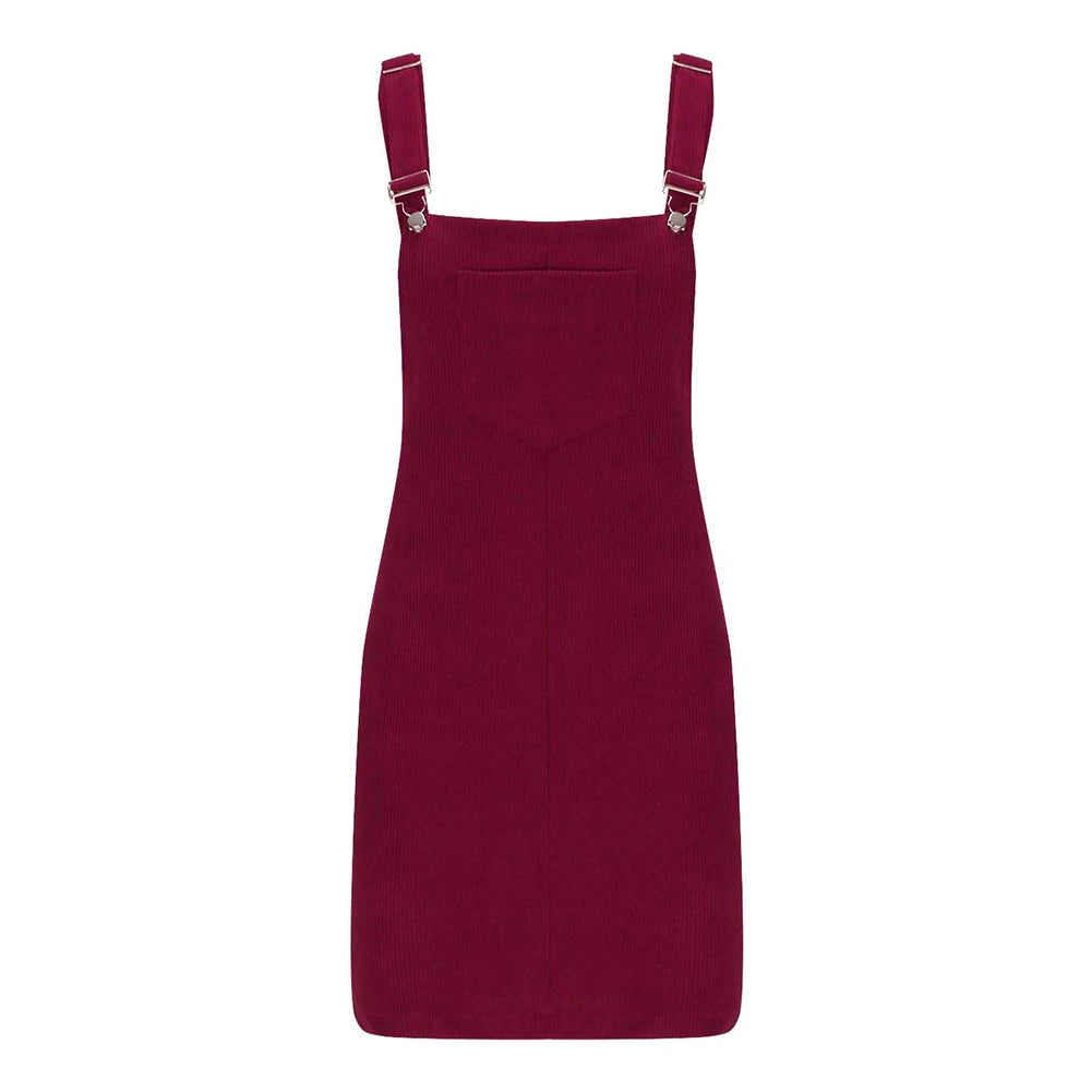 Women's Sleeveless Corduroy Pinafore Bib Overall Mini Dress A Line Cute Jumper Dress &Pockets For Teenager Adjustable Shoulder