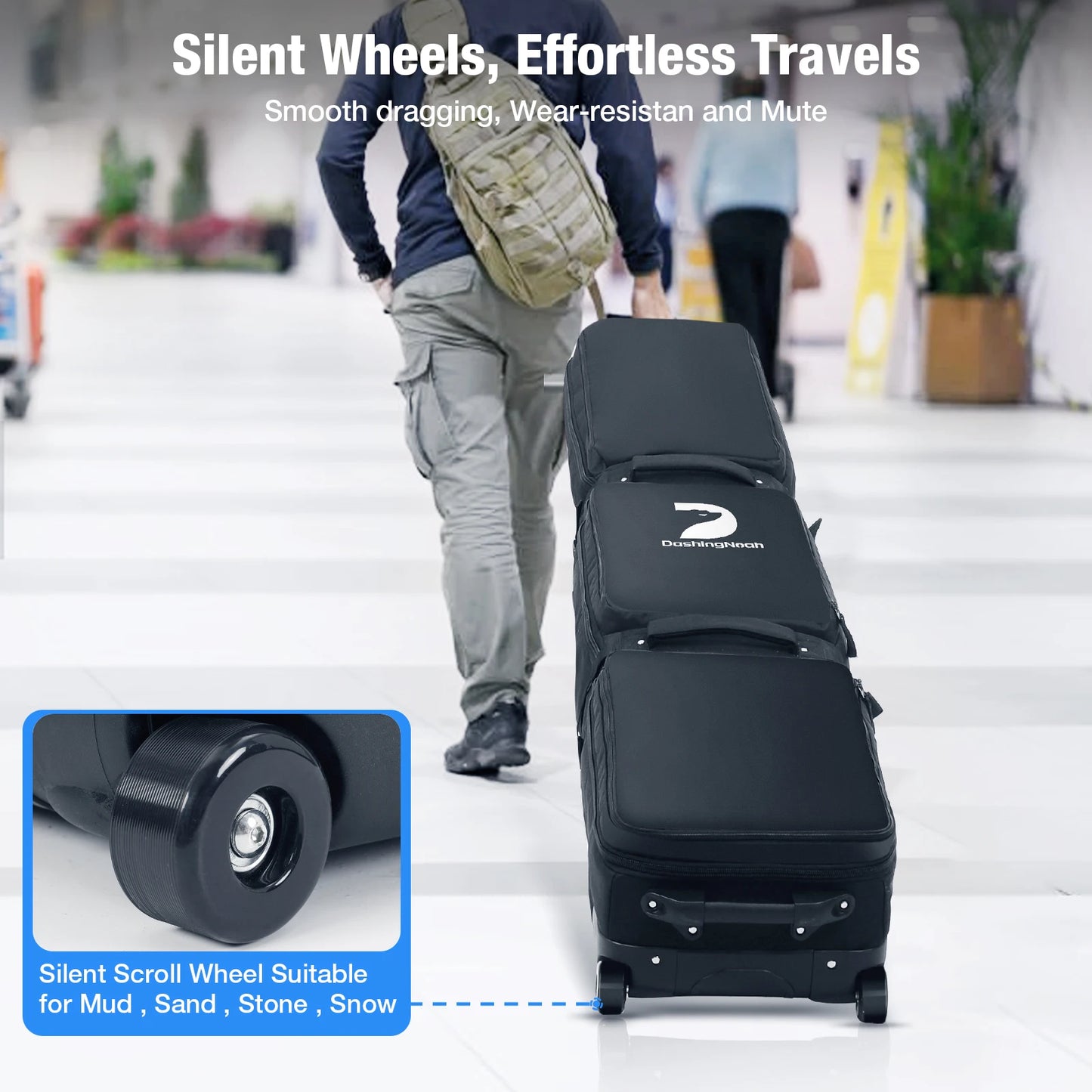 Pink/Black Skiing Bag with Rolling Wheel Padded Polyester Waterproof Portable Board Bag 3 Separation Storage Winter Snow Travels