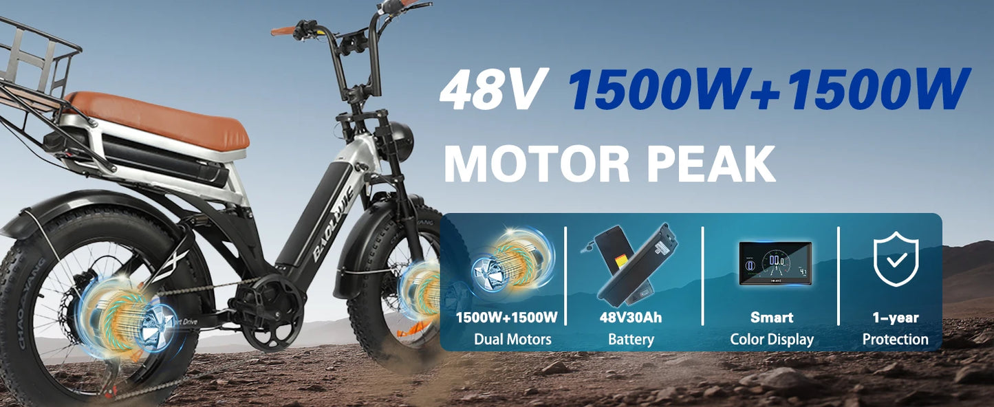 BAOLUJIE Peak 3000W/5000W Dual Motor Electric Bicycle  E-Bike for Adults，Electric Motorcycle 48V/52V Battery，Max Speed 38 MPH