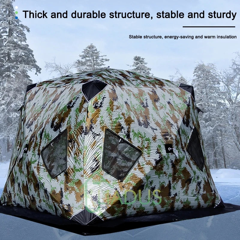 Winter Fishing & Camping Thickened Triangle Cotton Tent Double Door 4 Window Wind/Snowproof Ice Shelter for Outdoor Activities