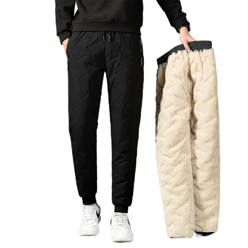 Men Plush Thick Fleece Waterproof Sweatpant Winter Windproof Casual Pants Heavyweight Pants Lambswool Warm Trousers Outerwear