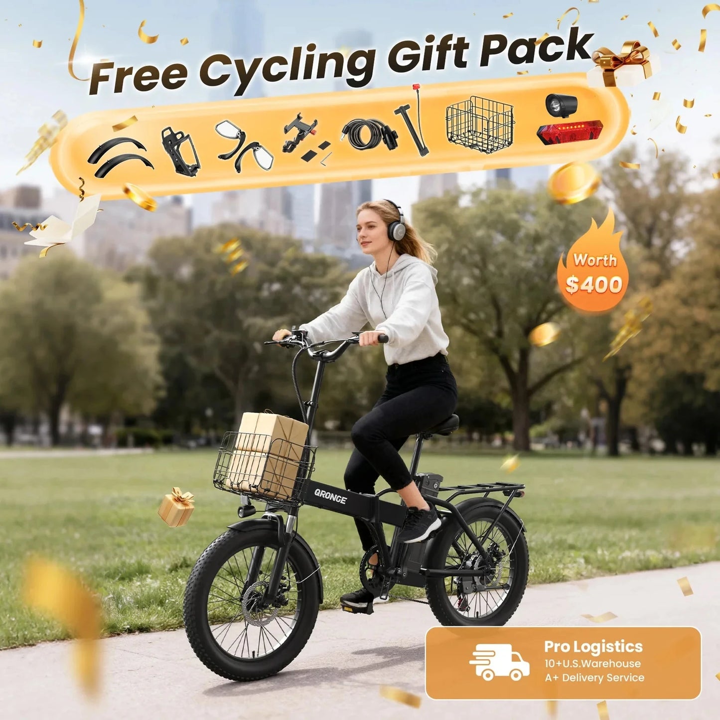 QRONGE Waterfall Folding Electric Bike 1000W Peak 48V 13.5AH Removable Battery Electric Bicycle 20" Fat Tire 28 MPH max E-Bike