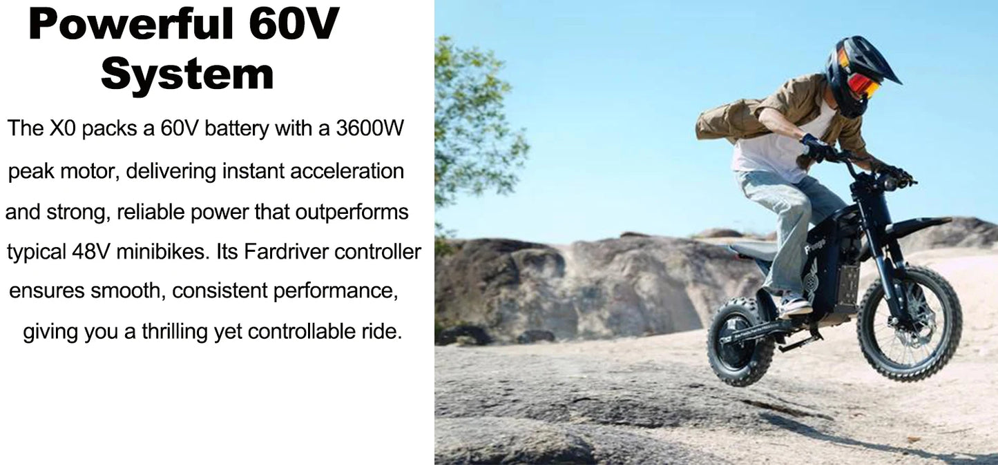 Freego X0 Mini Dirt Bike for Teens Adults 3600W Motor 40MPH Dual Hydraulic Disc Brakes All-Terrain Motorcycle Off-Road E-Bike UL