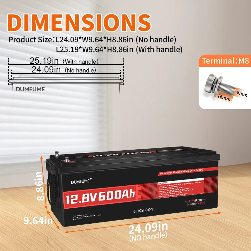 Dumfume 24V 100Ah Lifepo4 Lithium Battery 100A BMS 12V 600Ah/12V 314Ah/12V 100Ah/36V 100Ah Battery Solar RV 1 Year Warranty