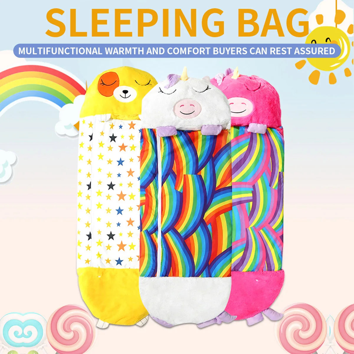 Children's Cartoon Sleeping Bag with Pillow for Birthday Gift Kids Comfy Plush Warm Sleepy Sack Animal Boys Girls Soft Sleepsack