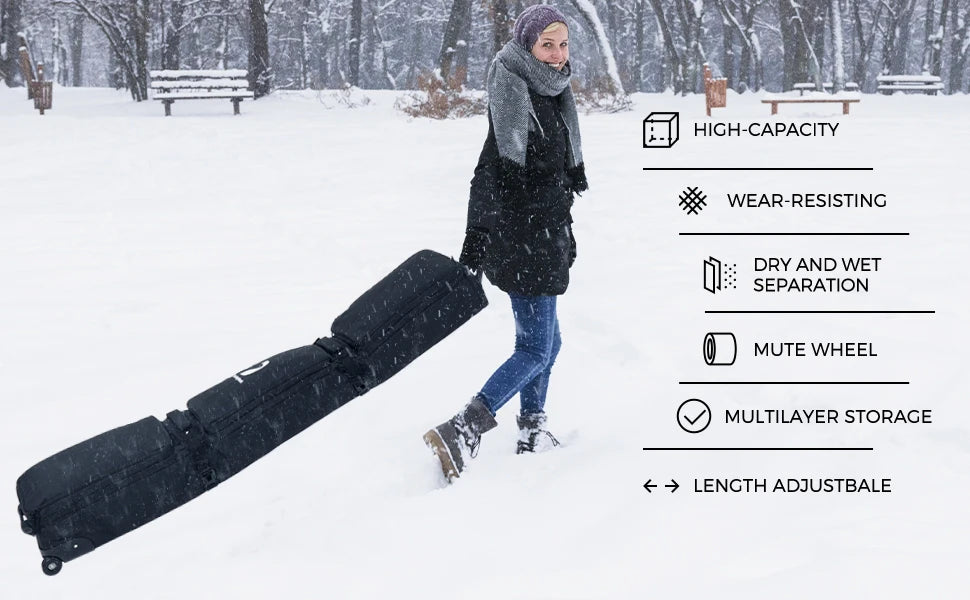 Pink/Black Skiing Bag with Rolling Wheel Padded Polyester Waterproof Portable Board Bag 3 Separation Storage Winter Snow Travels