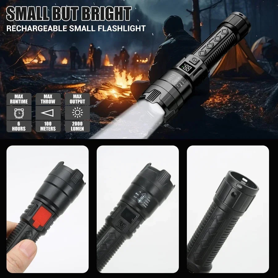High Power 1000LM LED Flashlight Built-in Battery USB Rechargeable Strong Light Tactical Torch Outdoor Camping Hiking Lantern