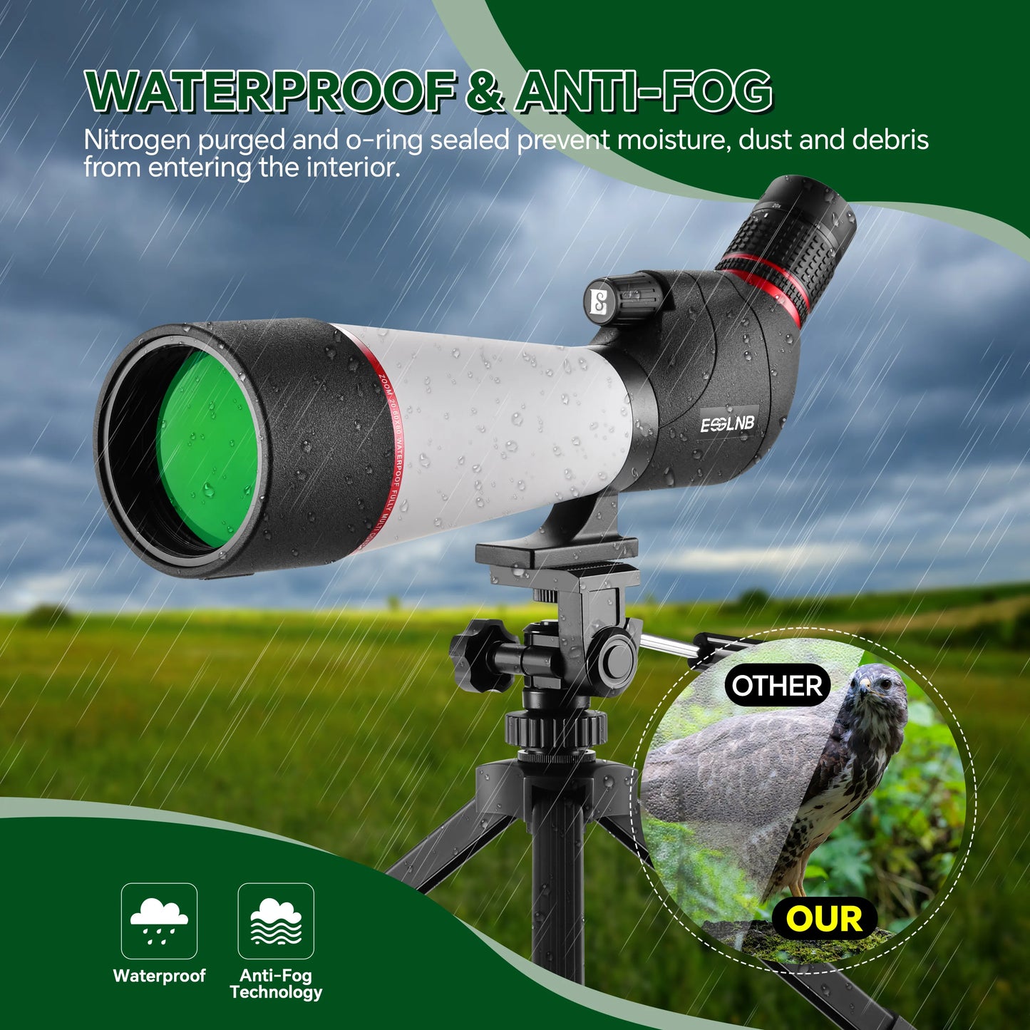 20-60X Zoom Spotting Scope 80mm FMC Lens HD Vision with Adjustable Tripod Mobile Holder Carry Bag for Hunting Bird Watching