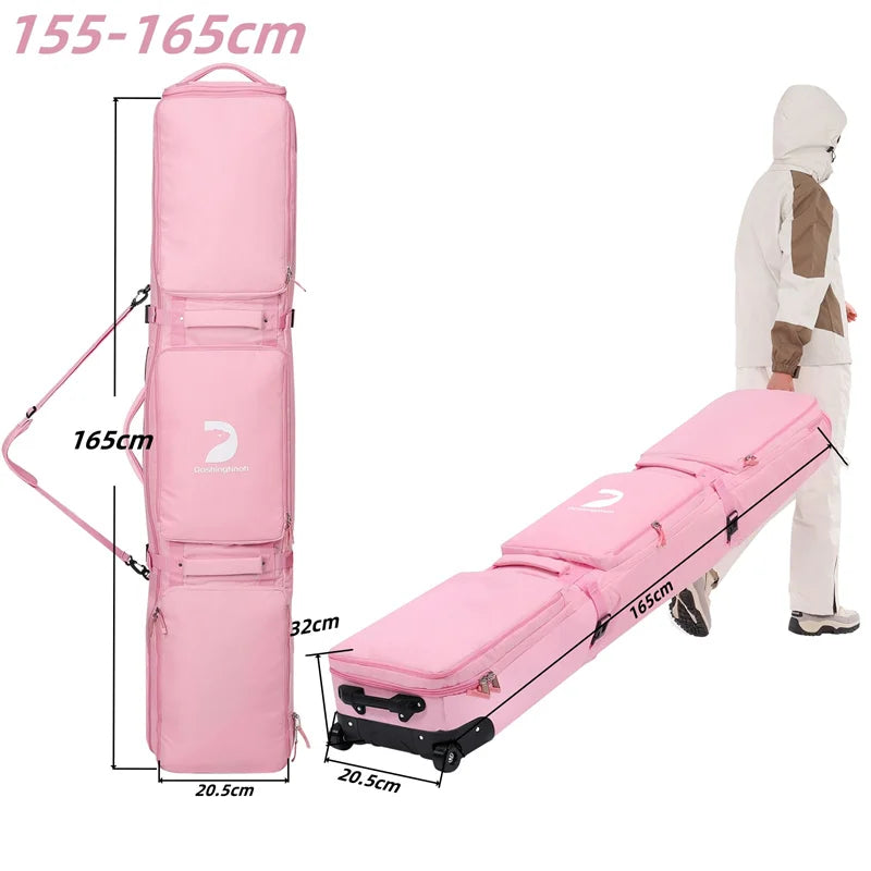 Pink/Black Winter Skiing Bag with Rolling Wheel Padded Polyester Waterproof Bag Adjustable Length 3 Separation Storage Board Bag