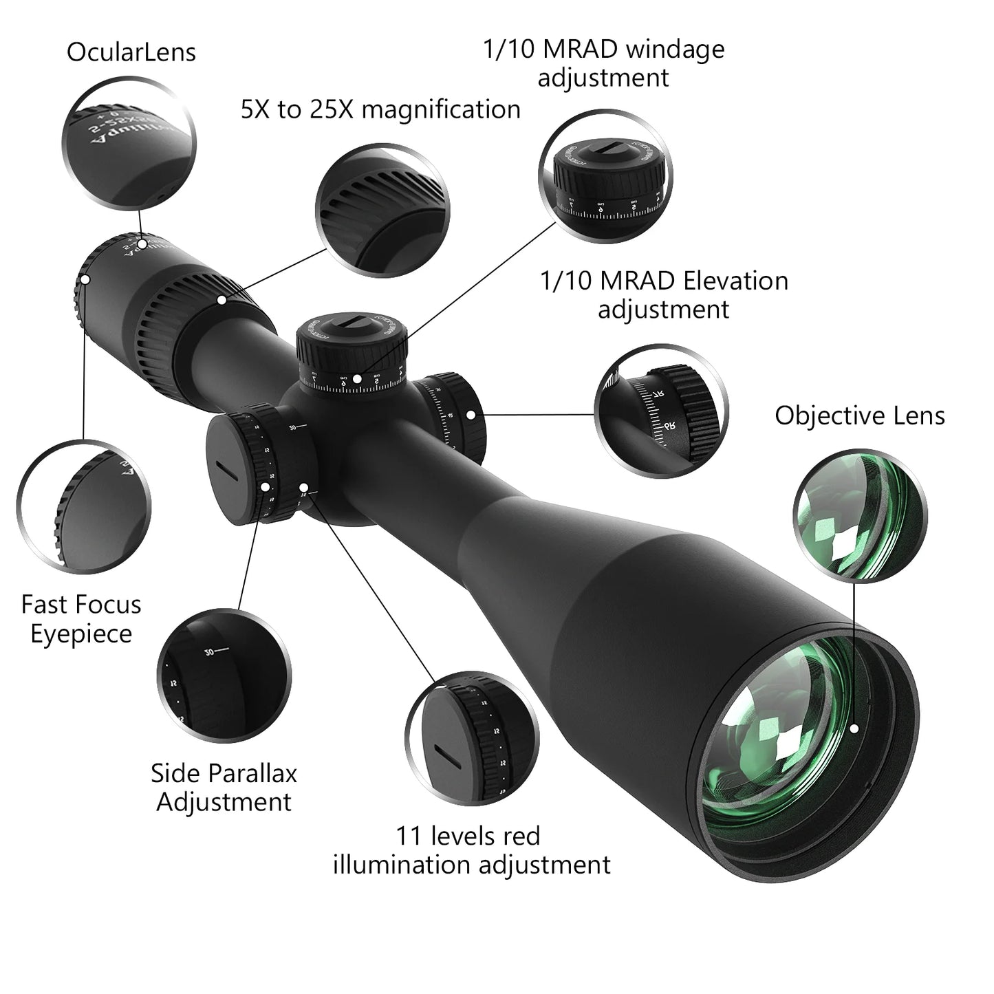 Aquilifer 5-25x56 FFP Rifle Scope Long-Range Sniper Hunting Military Optical 11 Level Illumination Gun Accessories