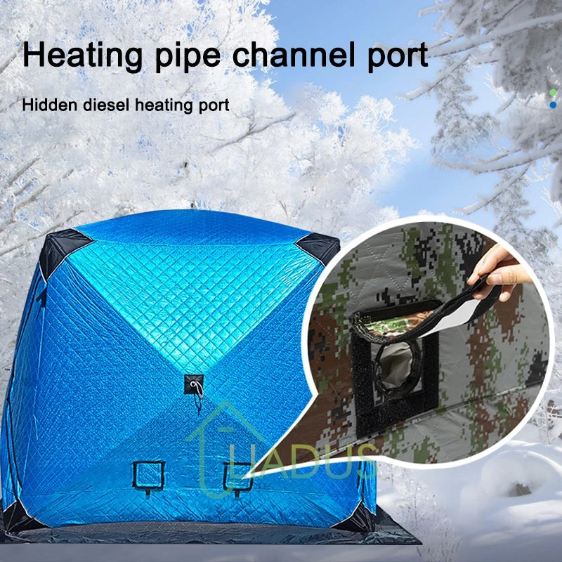Winter Fishing & Camping Thickened Triangle Cotton Tent Double Door 4 Window Wind/Snowproof Ice Shelter for Outdoor Activities