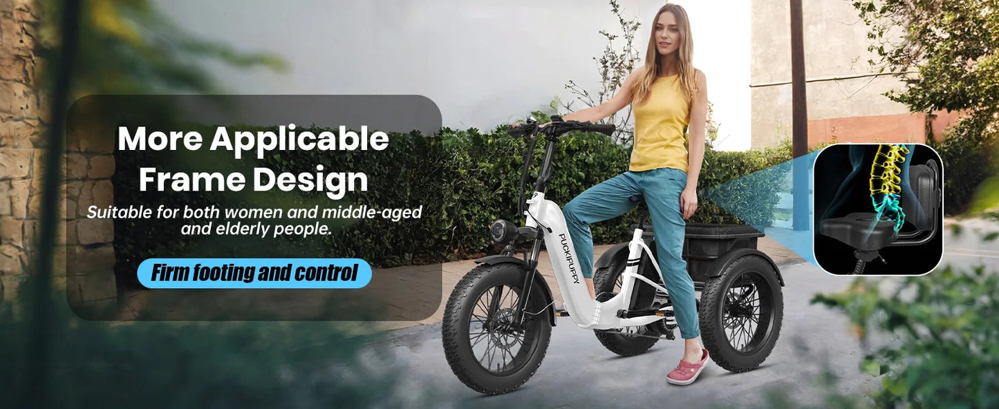 PUCKIPUPPY Husky Electric Trike for Adult 960W Peak Motor 60 Miles Range Tricycle 500 Lbs Load Electric Trike 2-Year Warranty