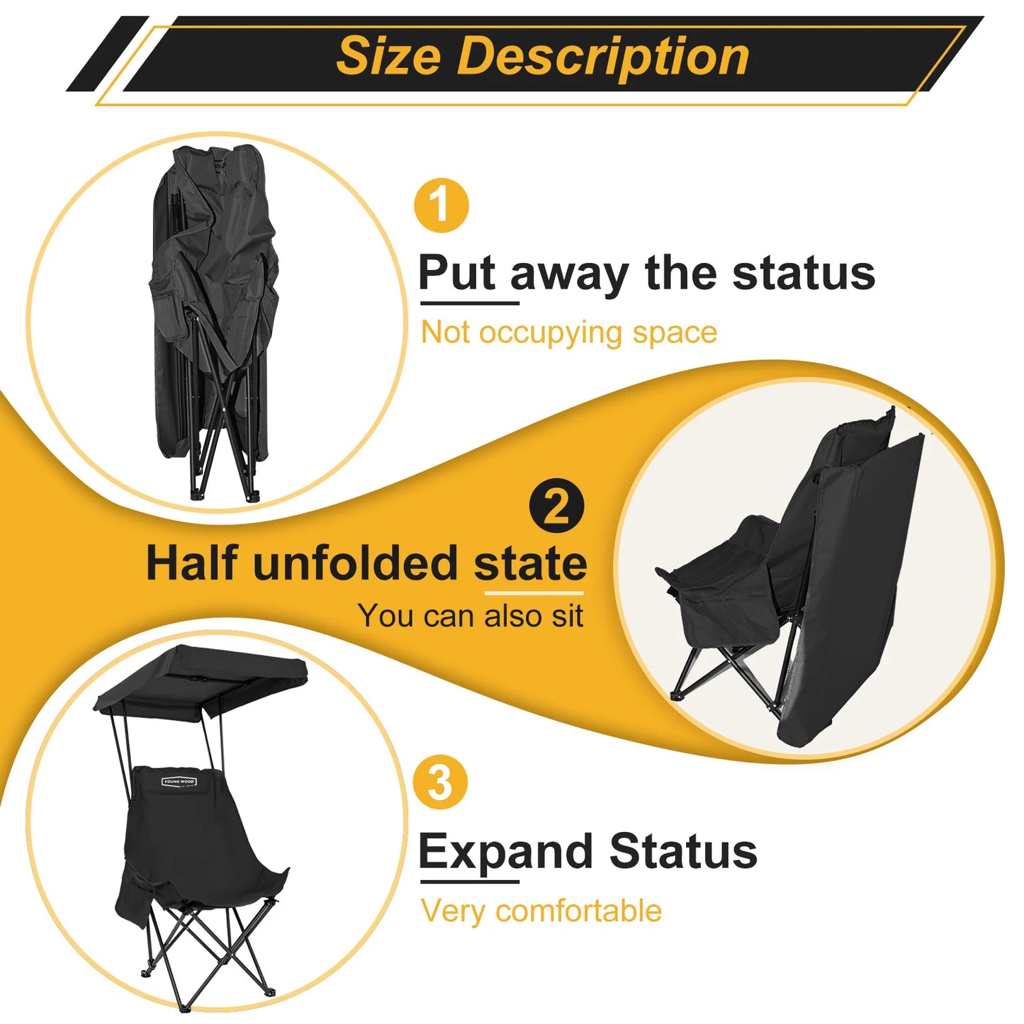 Camping Chair Beach Chair With Shade Canopy YOUNG WOOD Portable , Fold Lightweight Oversized For All, Easy To Open And Close