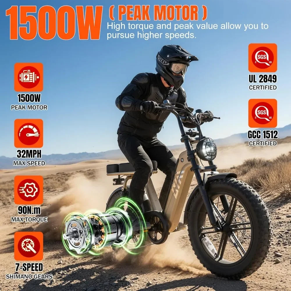 Electric Bike for Adults 1500W Peak 20" Fat Tire All-Terrain E-Bike 60 Miles 28MPH Electric Dirt Bike for Road Sand Mountain
