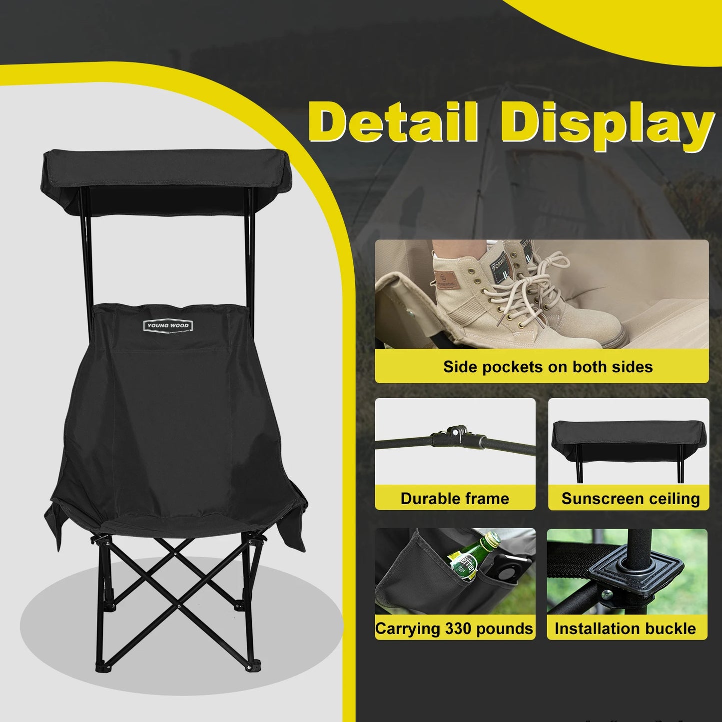 Camping Chair Beach Chair With Shade Canopy YOUNG WOOD Portable , Fold Lightweight Oversized For All, Easy To Open And Close