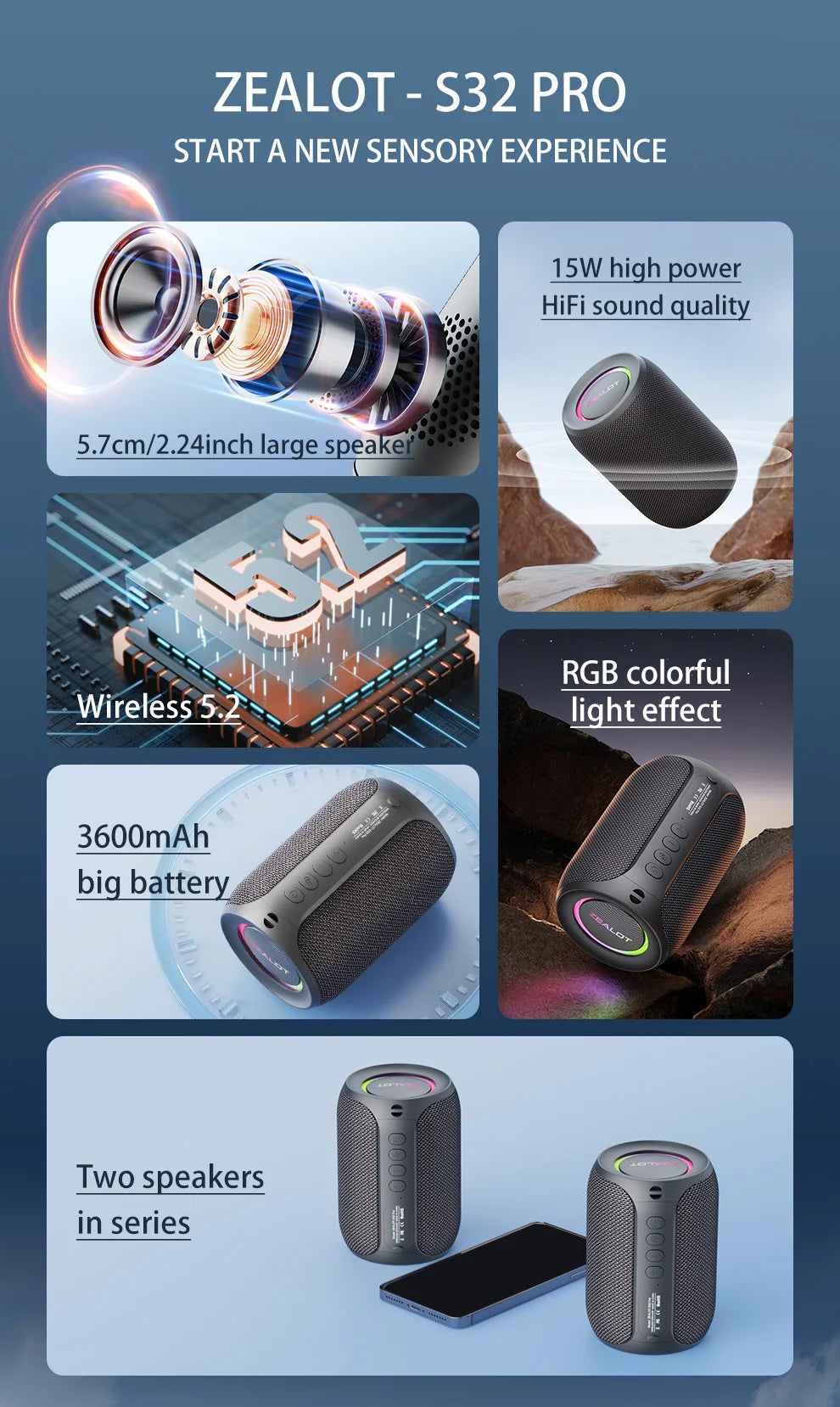 ZEALOT S32 pro Bluetooth Wireless Outdoor Portable Subwoofer Speaker Waterproof IPX6 Dual Pairing 3600mAh Wireless Speaker